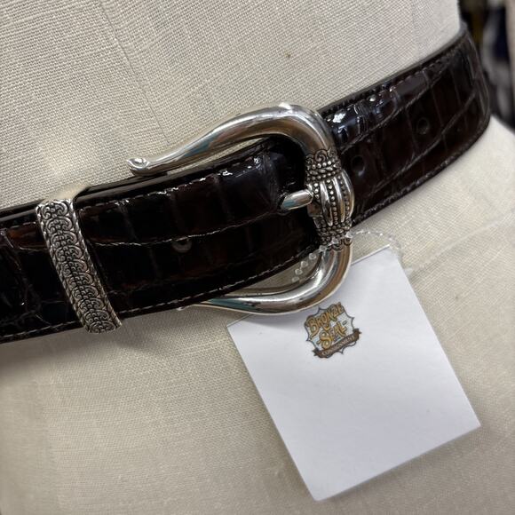 Vintage Brighton Silver Buckle Croc Embossed Patent Leather Brown Belt Sz M 34” main image 9